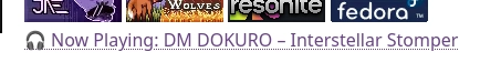 Screenshot of the top of Jae's website, showing four image badges with under a line with a headphones emoji and the text "Now playing: DM DOKURO - Interstellar Stomper".